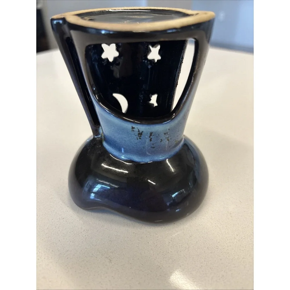 Dark Blue Iridescent Finish Ceramic Oil And Wax Warmer with Celestial Theme
